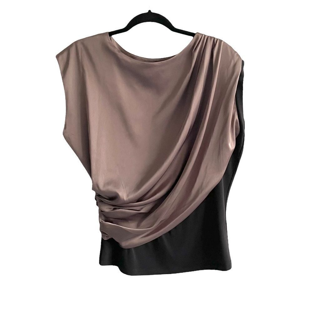 KATHERINE BARCLAY Silk Sleeveless Draped Asymmetrical Blouse Taupe Black L